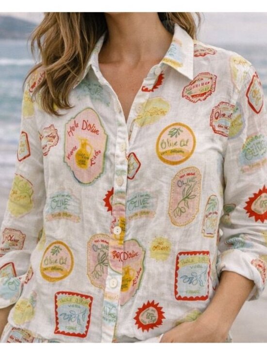 Cynthia Rowley Tops - Cynthia Rowley Olive Oil Colorful Print Linen Long Sleeve Size XL